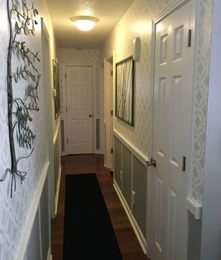 hallway finally. stenciled hallway finally finished wall decor thrift store metal pieces as art n